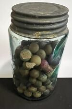 Antique 1900-1910 Triple L Ball Jar With Antique Clay Marbles picture