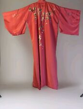 Vintage Japanese Kimono OSFM Pink Embroidered Flowers White Lining Satin or Silk picture