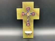 19C. French Holy Water Font Champlevé Enamelled Bronze & Onyx Religious Crucifix picture
