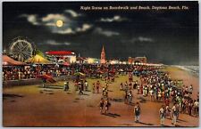 Daytona Beach Florida FL, Night Scene, Boardwalk and Beach, Vintage Postcard picture