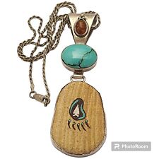 Judi Yates Navajo Turquoise Amber & Pottery Sterling Silver Pendant Necklace  picture