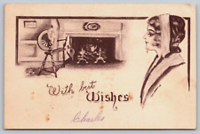 Postcard Best Wishes Fireplace Cotton Wheel Woman Posted Vintage 1910's picture