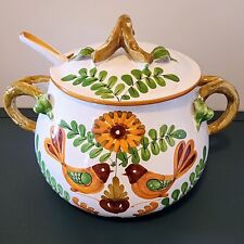 Vintage Hand Painted Italian Ceramic Soup Tureen Pottery Ladle Lid Bird Design picture