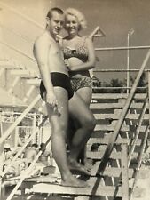 1960 Shirtless Man Affectionate Guy Trunks Bulge Blonde Woman Gay int B&W Photo picture