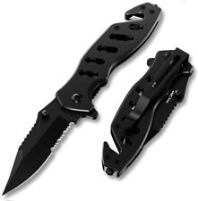Serrated Blade Small Black Pocket Knife with Glass Breaker Seatbelt Cutter picture