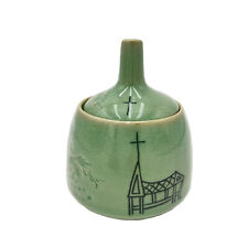Handcrafted Sugar Bowl Celadon Pottery Green Crackle Glaze Vintage Handpainted picture