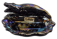 Vintage Black Iridescent Carnival Glass Florida Alligator Souvenir Ashtray picture