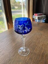 Bohemian Crystal Cobalt Blue TALL Wine goblet Glass Cut to Clear 8.25” picture