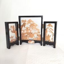 Vintage Carved Cork Art Diorama Tri Fold Table Decor Black Frame Asian SanYou picture