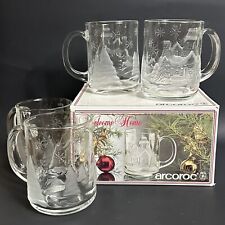 VTG Arcoroc Mugs Holiday Mugs Frosted Embossed Clear Glass Set Of 4 NOS picture