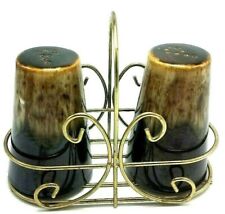 VIntage Midcentury Drip Glaze Pepper Shakers in Brass Caddy picture