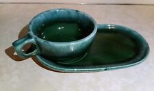 Vintage Hull USA Teal Green Drip Glaze Soup & Sandwich Set *Small Chip In Tray* picture
