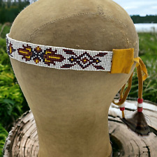 VTG Native American Indian Beaded HEADBAND Medicine Wheel w/feather White picture