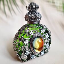 Bottle for Perfume with Cabashon Green Czech Glass Filigree Silver Tone Parfume picture