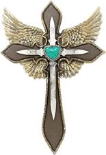 Cross Wings Blue Heart Layered Wall Cross Decorative Religious Spiritual Art picture