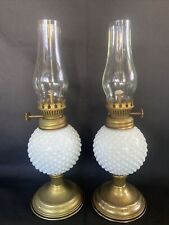 Vtg MCM 1970’s Milk Glass Hobnail PAIR Mini Hurricane Lantern Oil Lamps picture