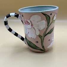 Droll Designs Coffee Cup Peach Mug  With Flowers Pottery Hand Painted picture