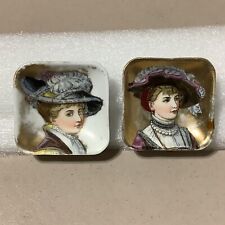 Lot Of 2 Antique Victorian Butter Pats-Hand Painted Portrait Lady Ladies 1900's picture
