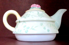 VTG Capriware Floral Ceramic Teapot 2c Small Green White Hand painted MINT CDN. picture