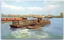 Postcard NY Erie Railroad Tug Piloting Covered Barge Across Hudson River B58 picture