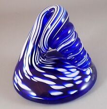 Vintage Cobalt Blue & White Swirl Pen Holder Paperweight Blown Art Glass 3