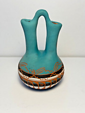 SMALL DOUBLE VASE SIGNED NAVAJO 149 TERRACOTA TEAL WITH DESIGN picture