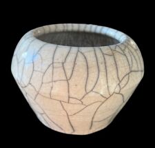 White Crackle Raku Vase Art Pottery 3.75” High Signed picture