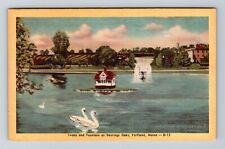 Portland ME-Maine, Swans & Fountain, Deerings Oaks Vintage Souvenir Postcard picture