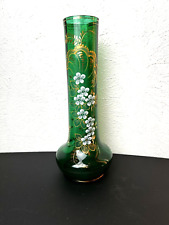 Vtg Emerald Green Hand Blown Murano Glass Hand Painted Floral Gold Trimmed C17 picture