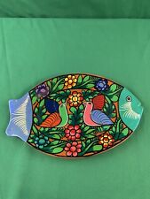 Beautiful Terra Cotta Clay Dish Fish Shaped Hand Painted Birds Bright & Colorful picture