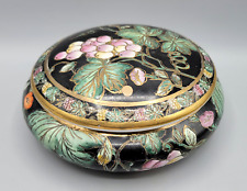 Vintage Chinese Cloisonne Enamel Grape Fruit Black Gold Porcelain Floral Bowl picture