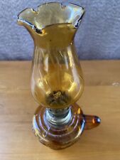 Vintage Amber Miniature Clear Glass Oil Lamp W/ Finger Loop Hong Kong 7 1/2