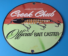 Vintage Creek Chub Bait Caster Lures Gas Pump Cabin Fishing Porcelain Pump Sign picture