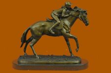 JOCKEY RIDING HORSE BRONZE STATUE FIGURE FIGURIN HOT CAST MARBLE BASE FIGURINE picture