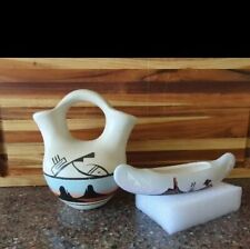 Vintage Native American Pottery Wedding Vase And Canoe Signed Hand Painted picture