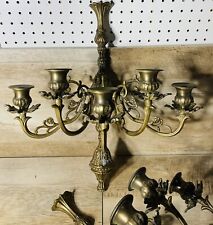 VTG Antique Baroque Style Large Solid Brass 5 Candle Wall Sconce Pair picture