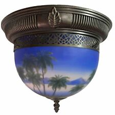 Tropical Beach Palm Trees Glass Dome Ceiling Light Reverse Hand Painted Y2K VTG picture
