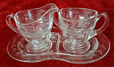 Vintage Pattern Cream & Sugar W/Tray Clear Etched Depression Glass Miniature  picture