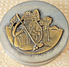 Vintage Round Pewter Golfing Decorative Tin Golf Scene Brass Medallion on Lid picture