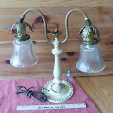 Vintage Lightolier Double Goose Neck Table Lamp Glass Shade Cast Iron Wood Brass picture