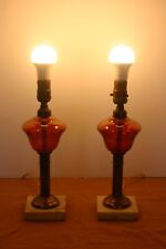Ruby Red Etched Glass & Brass Table Lamps Set of 2 R-737 picture
