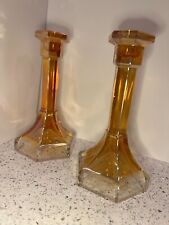 Vintage Marigold Carnival Glass Iridescent Candlesticks Geometric Design Pair 2 picture