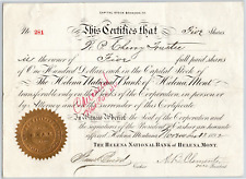 Helena National Bank, Montana 1892 Stock Certificate Cert# 281 for 5 Shares picture