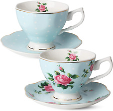 Floral Tea Cups and Saucers, Set of 2, 8oz with Gold Trim picture