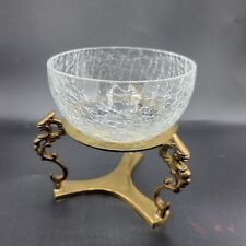 Vintage Crackle Glass Bowl Or Votive Candle Holder On Brass Stand With 3 Dragons picture