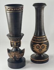 Vintage Handmade Wooden Carved Statue Vases Engraved Figurines/Tribal Decor/Tiki picture
