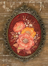 Vintage Original Floral Painting Italian Florentine Ornate Brass Frame Roses 9