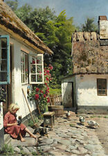 Huge Oil painting Peder Mørk Mønsted - Yard with Ducks little girl & dog canvas picture