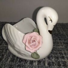 Vintage Porcelain Planter Hand Painted Swan White W/ Raised 3D Applied Flowers  picture