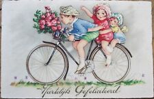 Art Deco 1931 Postcard, Bicycle, Three Children Piled on Riding picture